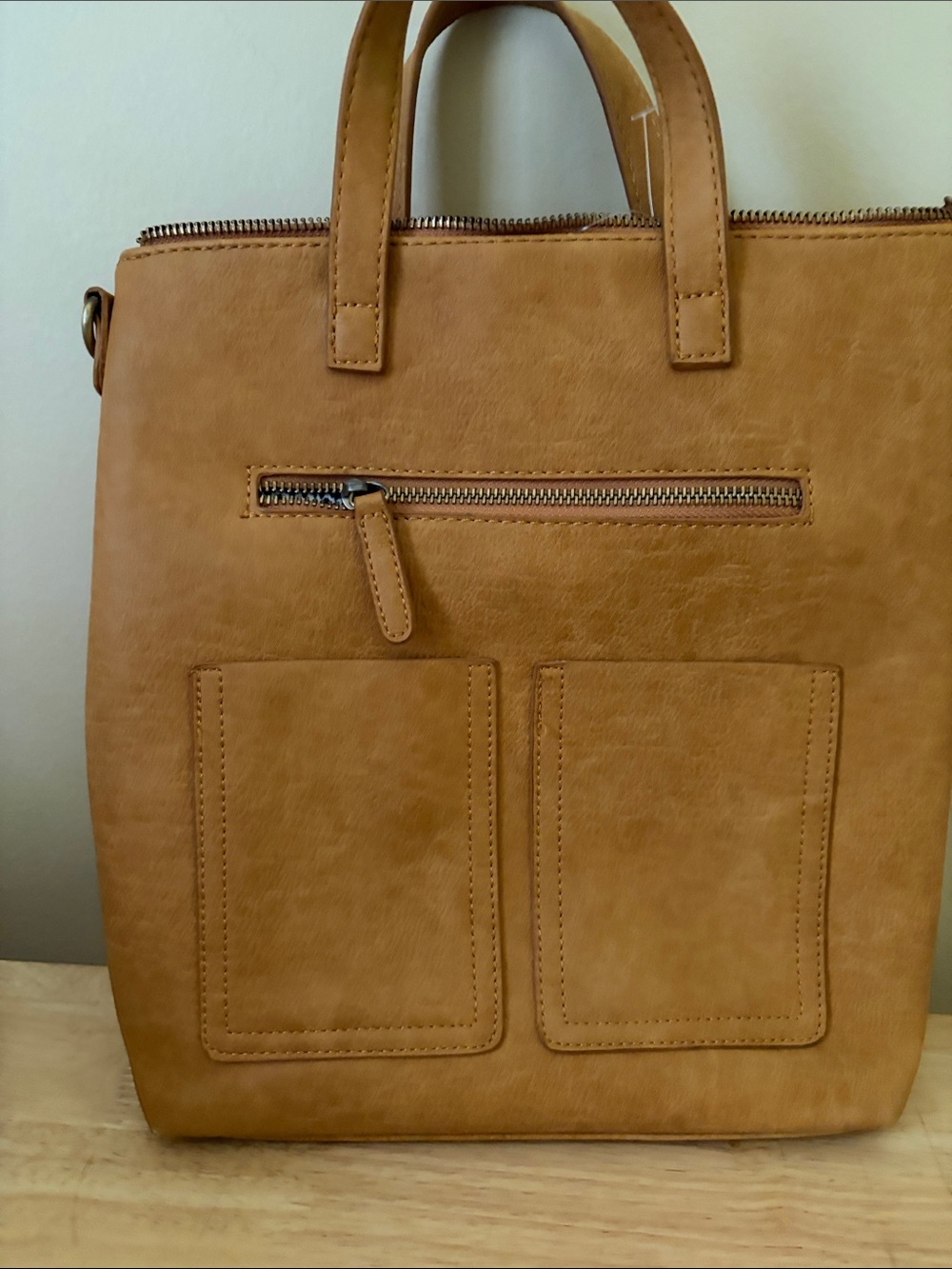 Antik Kraft Tan Leather Backpack Tote with Front Patch Pockets